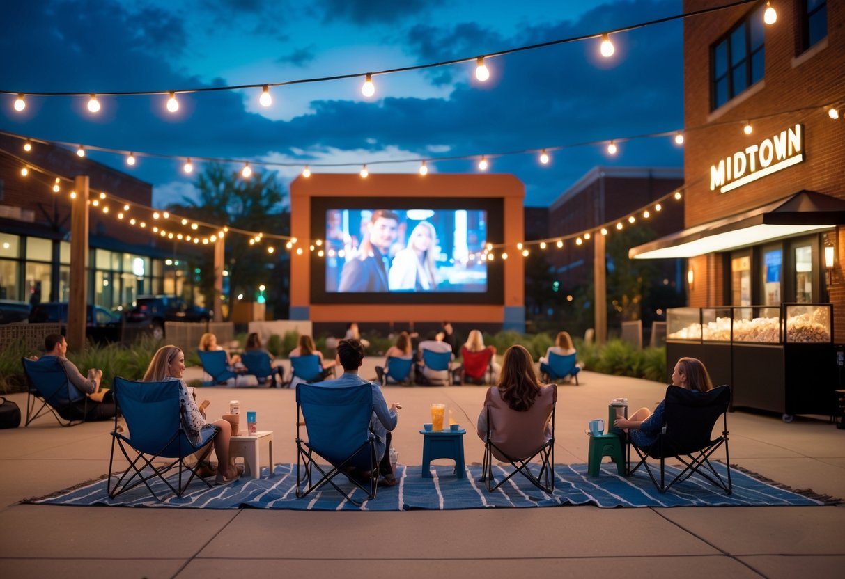 Couples and groups watching a movie outdoors at dusk with string lights and a large screen in a city setting.