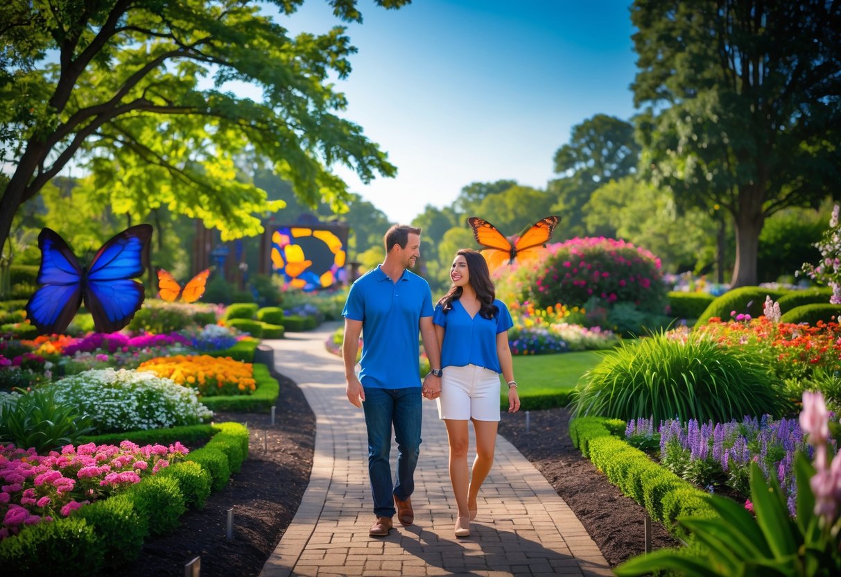 A couple walking hand-in-hand along a garden path surrounded by colorful flowers and trees at Hershey Gardens.