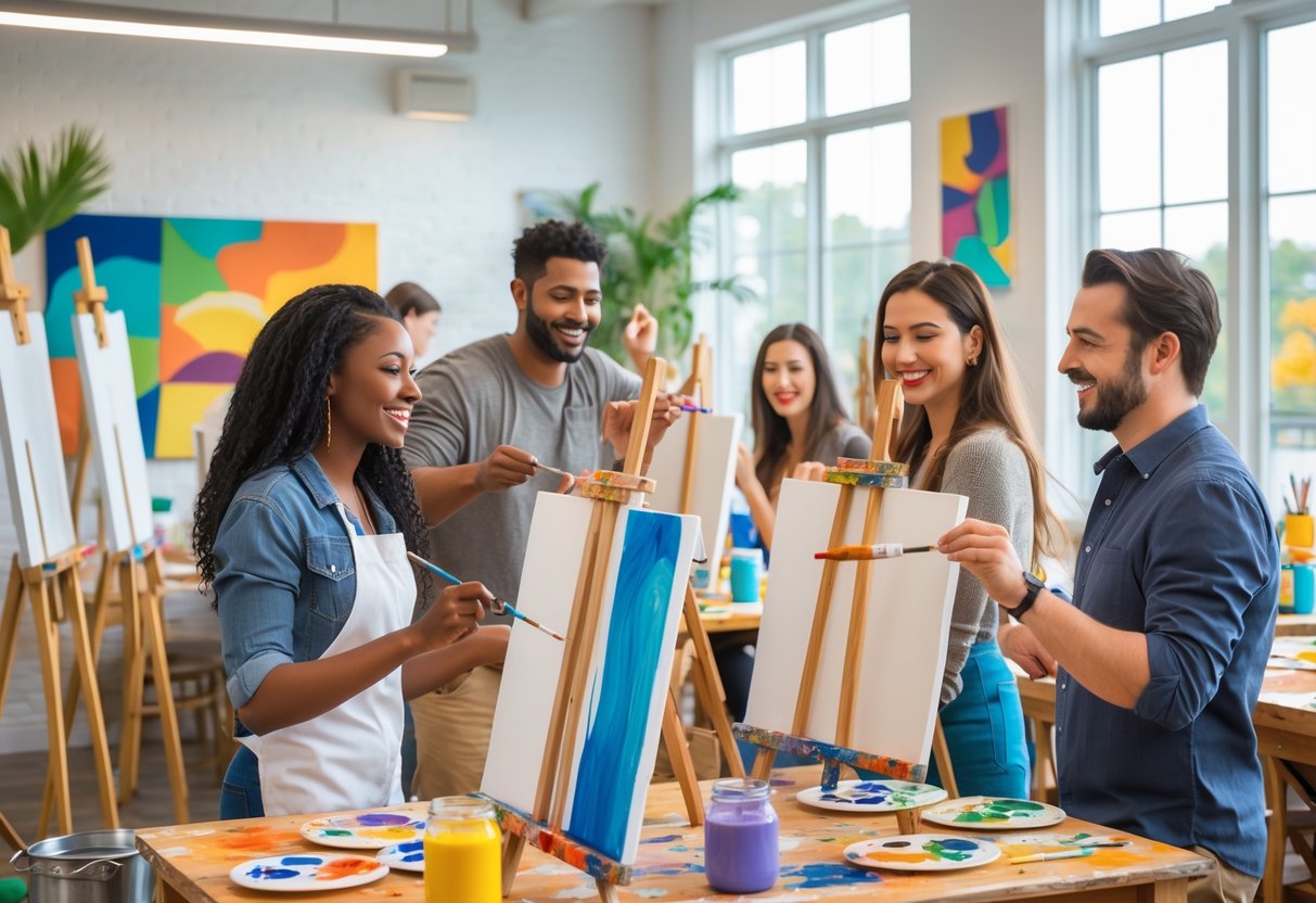 Couples painting together in a bright, welcoming art classroom with art supplies and colorful decor.