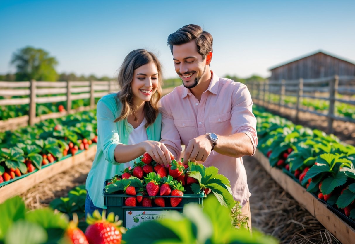 A couple picking ripe strawberries together in a sunny farm field surrounded by green plants.