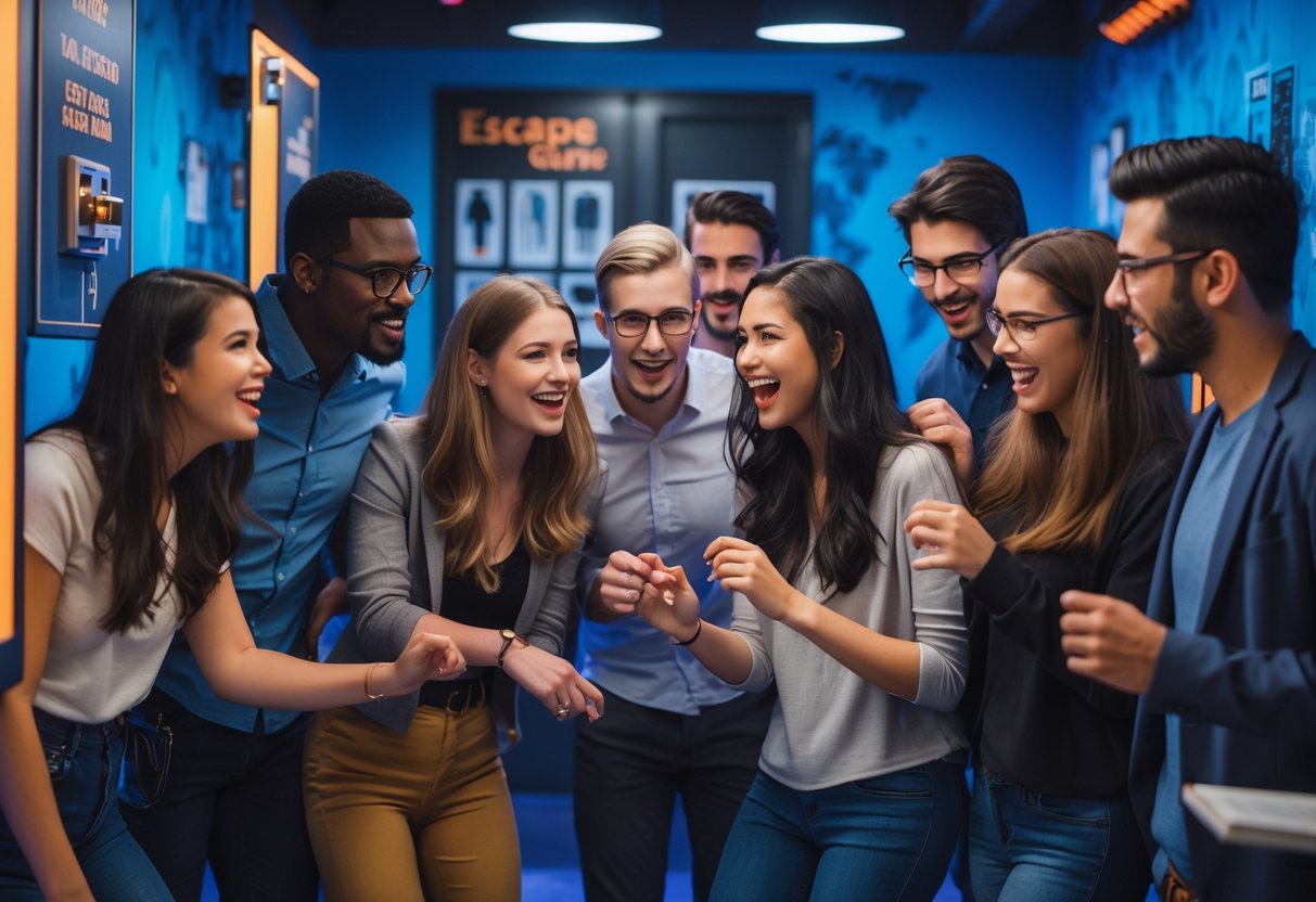 A group of young adults working together to solve puzzles in an escape room.