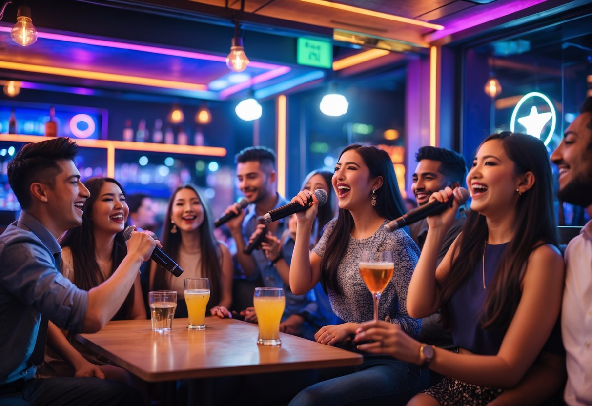 People singing on stage and others enjoying drinks at a lively karaoke bar.