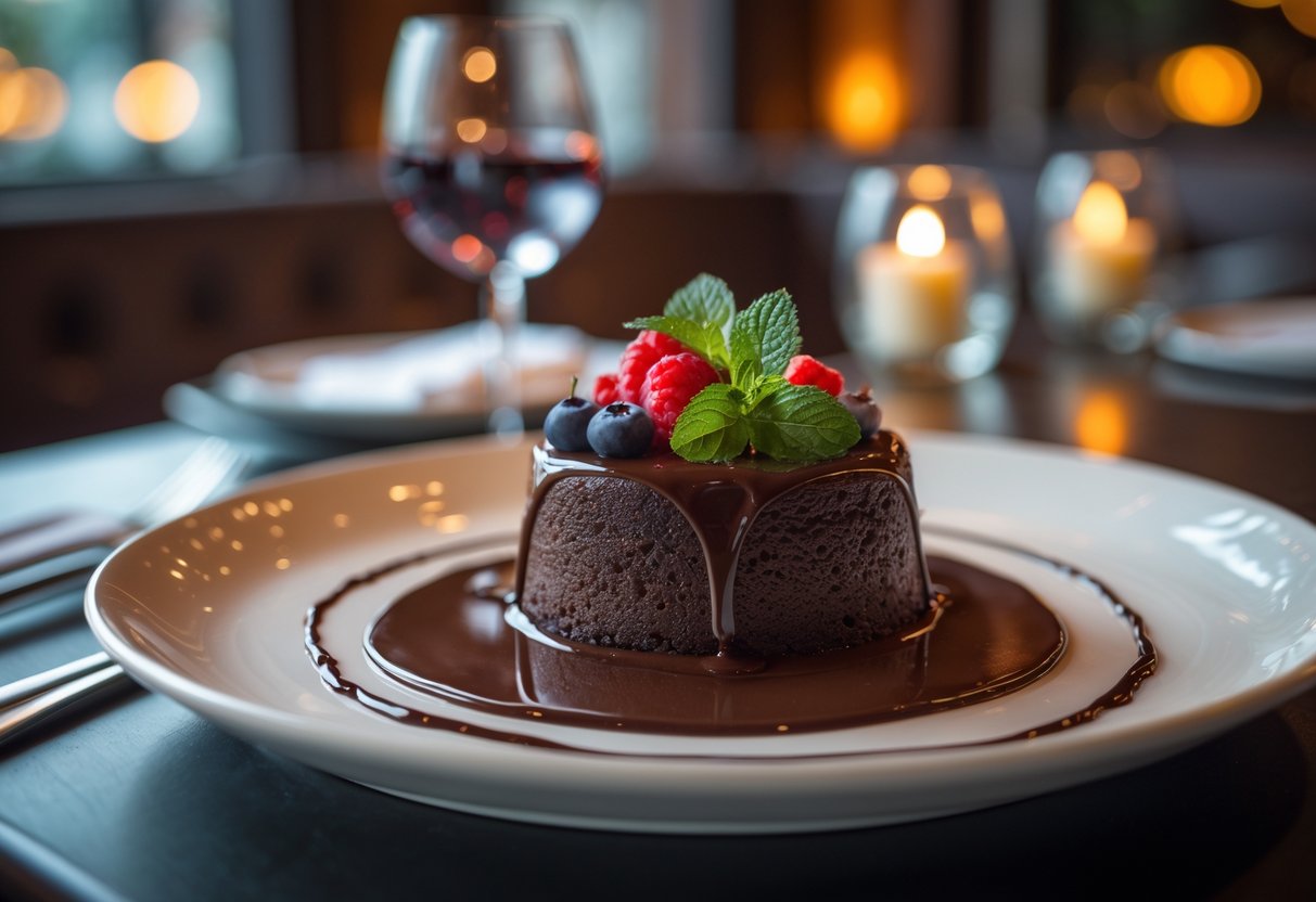 A plated chocolate dessert on a restaurant table with soft lighting and romantic ambiance.