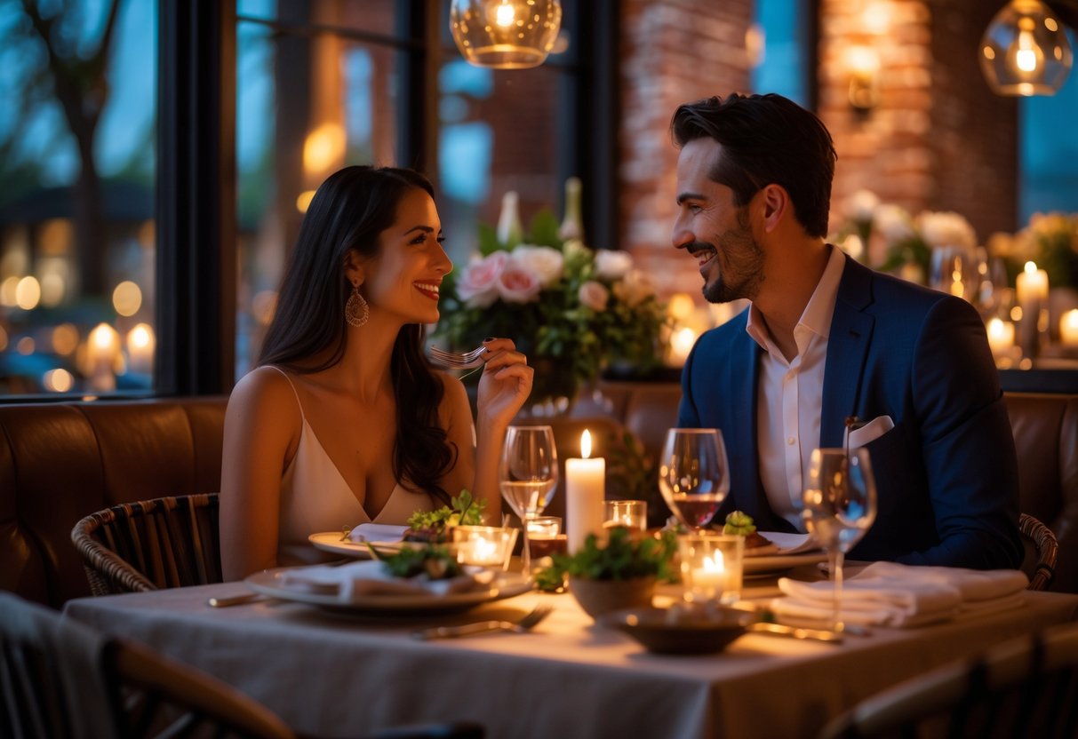 A couple enjoying a romantic dinner at a cozy restaurant table with candlelight and elegant decor.