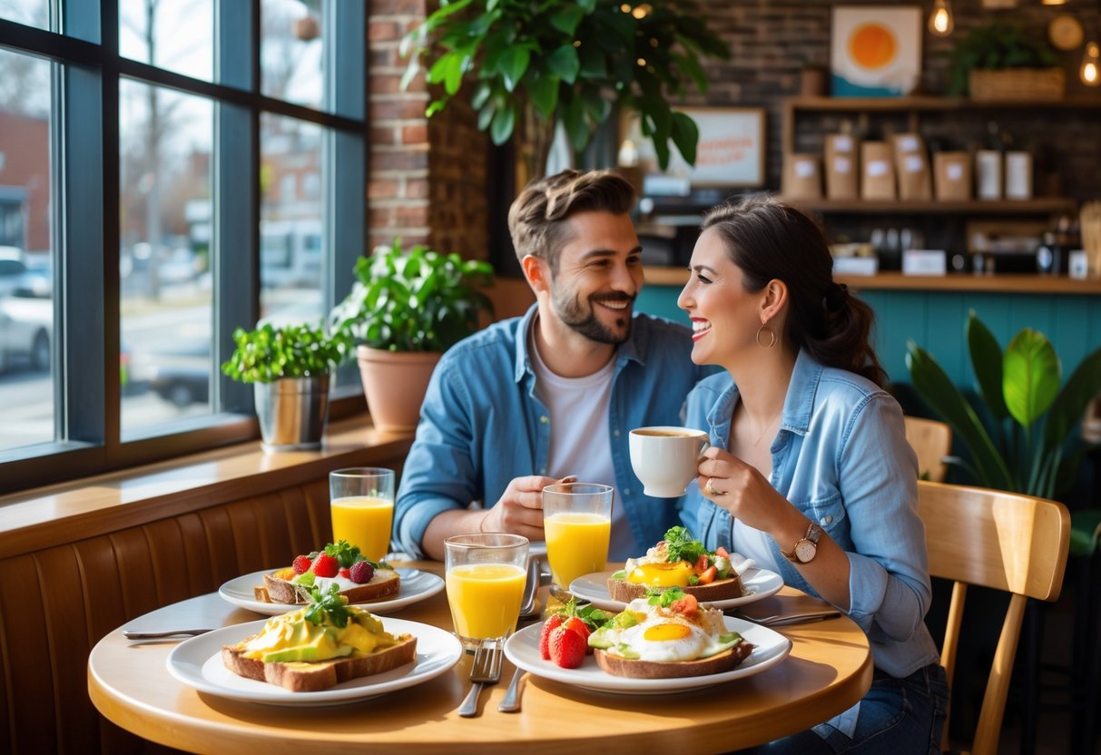 A couple enjoying brunch at a cozy cafe with plates of food and coffee on a sunlit table.