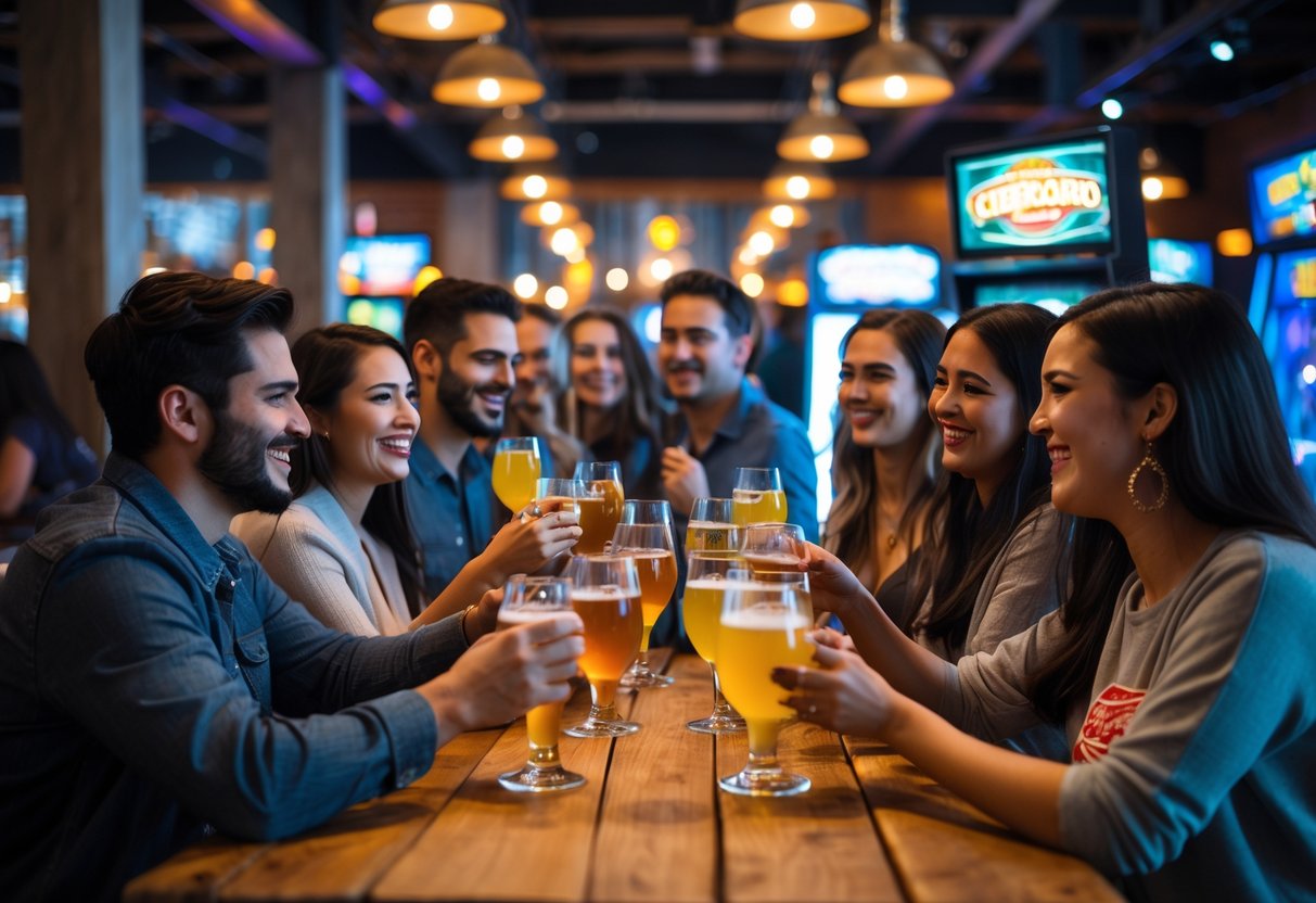 A group of young adults enjoying cider tasting at a bar with arcade games in the background.