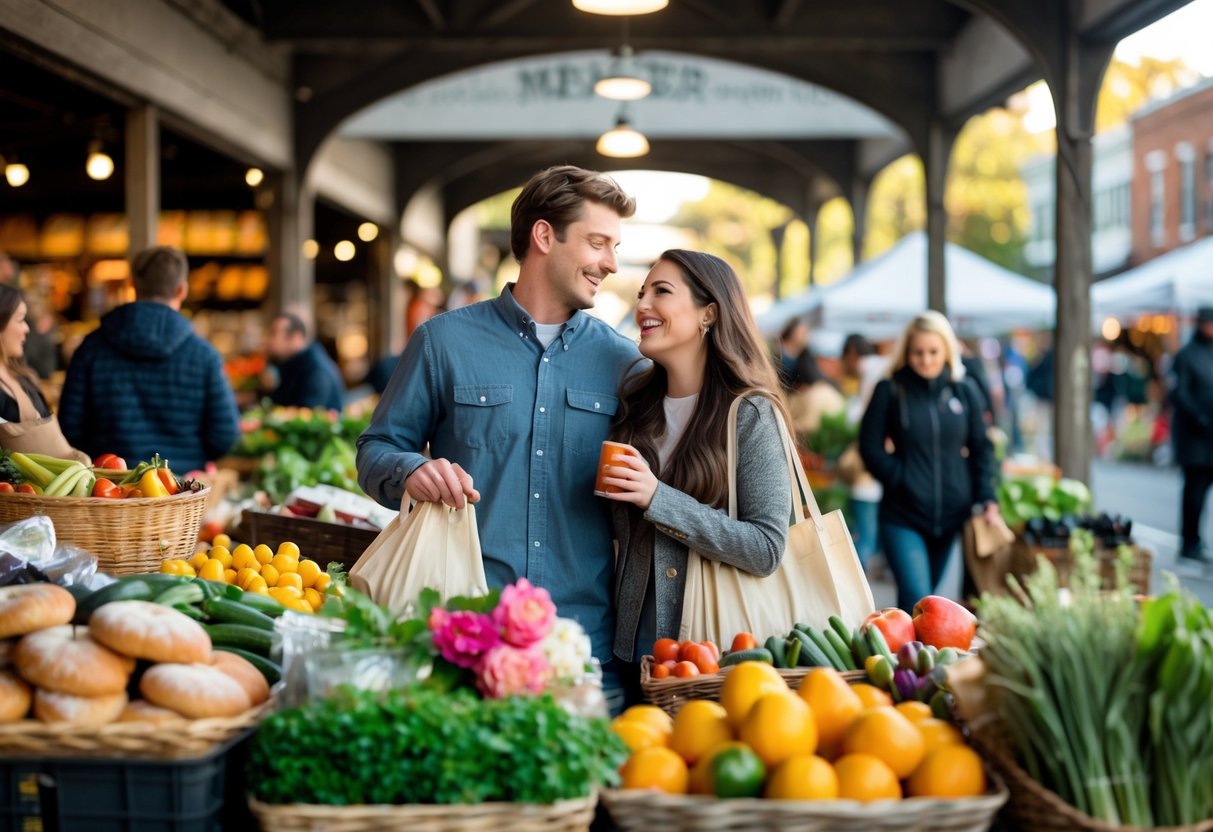 A young couple shopping together at a busy farmers market with fresh produce and flowers around them.