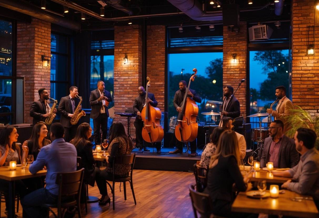 A live jazz band playing on stage in a cozy Houston venue with couples and small groups enjoying the music at dimly lit tables.