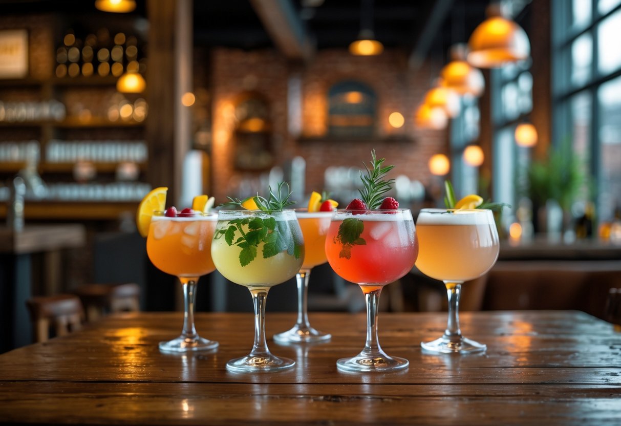 A wooden table with colorful cocktails and garnishes inside a cozy brewery with warm lighting and rustic decor.