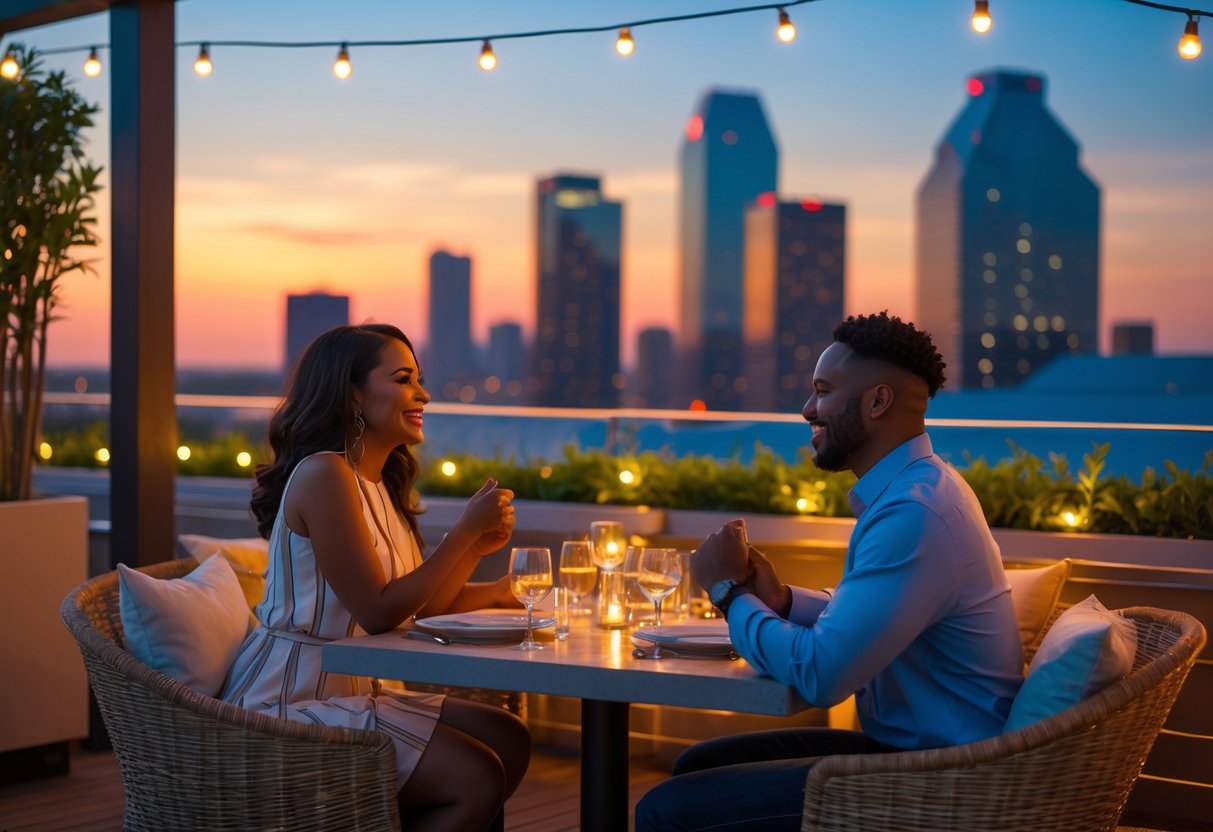 A couple enjoying a romantic outdoor dinner with the Houston skyline visible in the background at sunset.