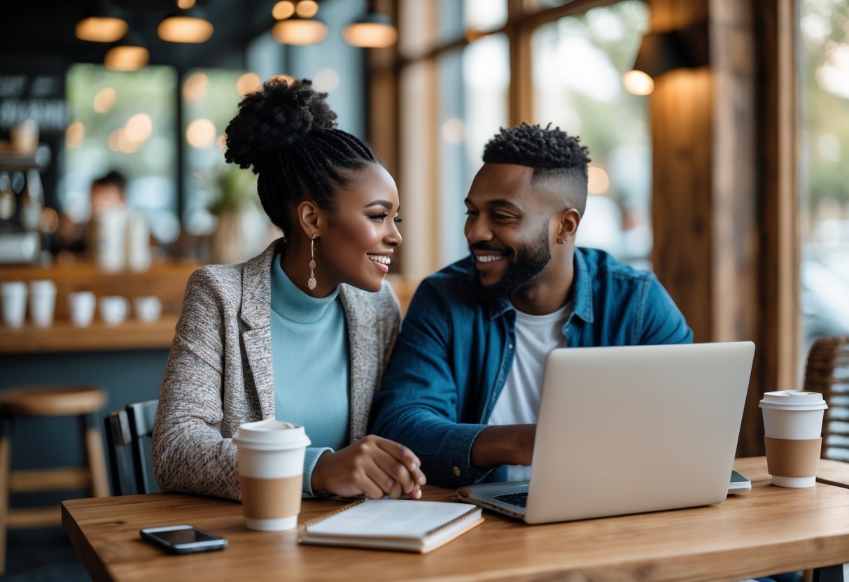 A couple sitting at a cafe table, smiling and planning together with a laptop and notebooks.