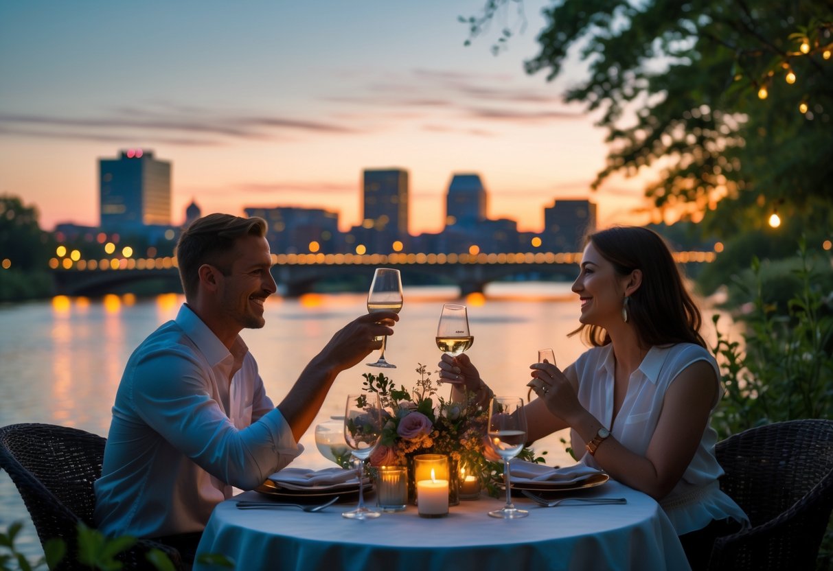 A couple enjoying a romantic outdoor dinner by a river with a city skyline in the background at sunset.