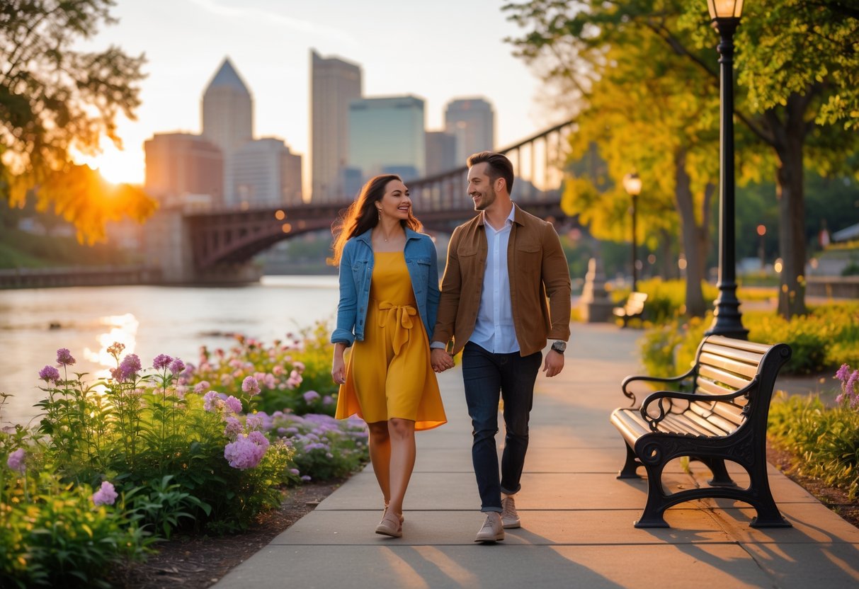 A couple walking hand in hand along a riverfront park path with the Harrisburg skyline and a bridge in the background.