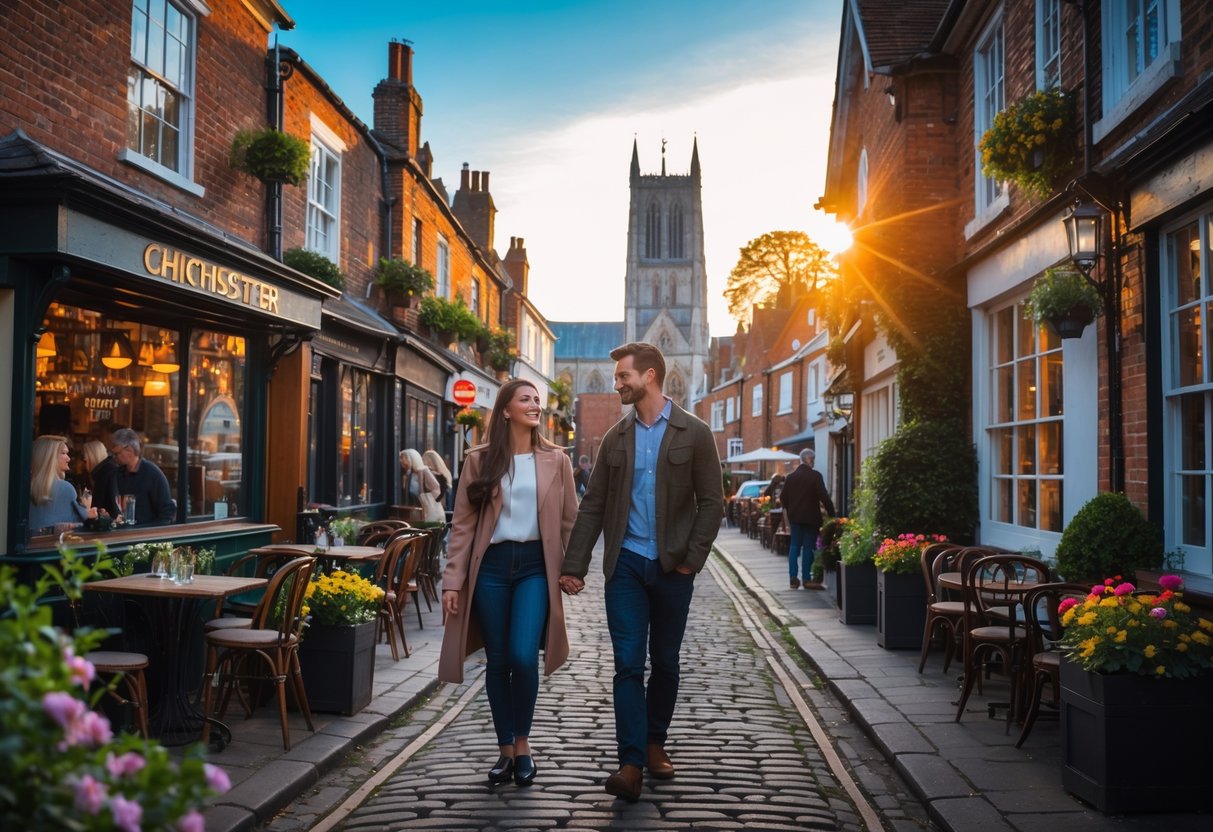 A young couple walking hand-in-hand along a cobblestone street in Chichester near historic buildings and an outdoor café at sunset.