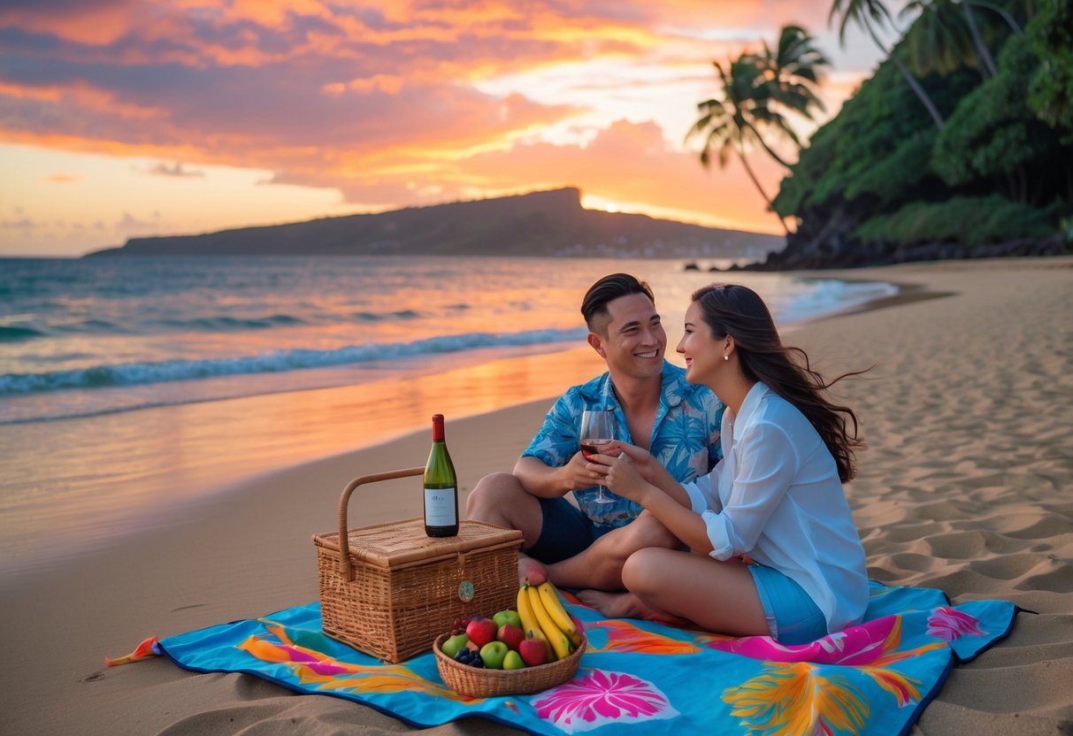 A couple having a picnic on a beach at sunset with palm trees and ocean in the background.