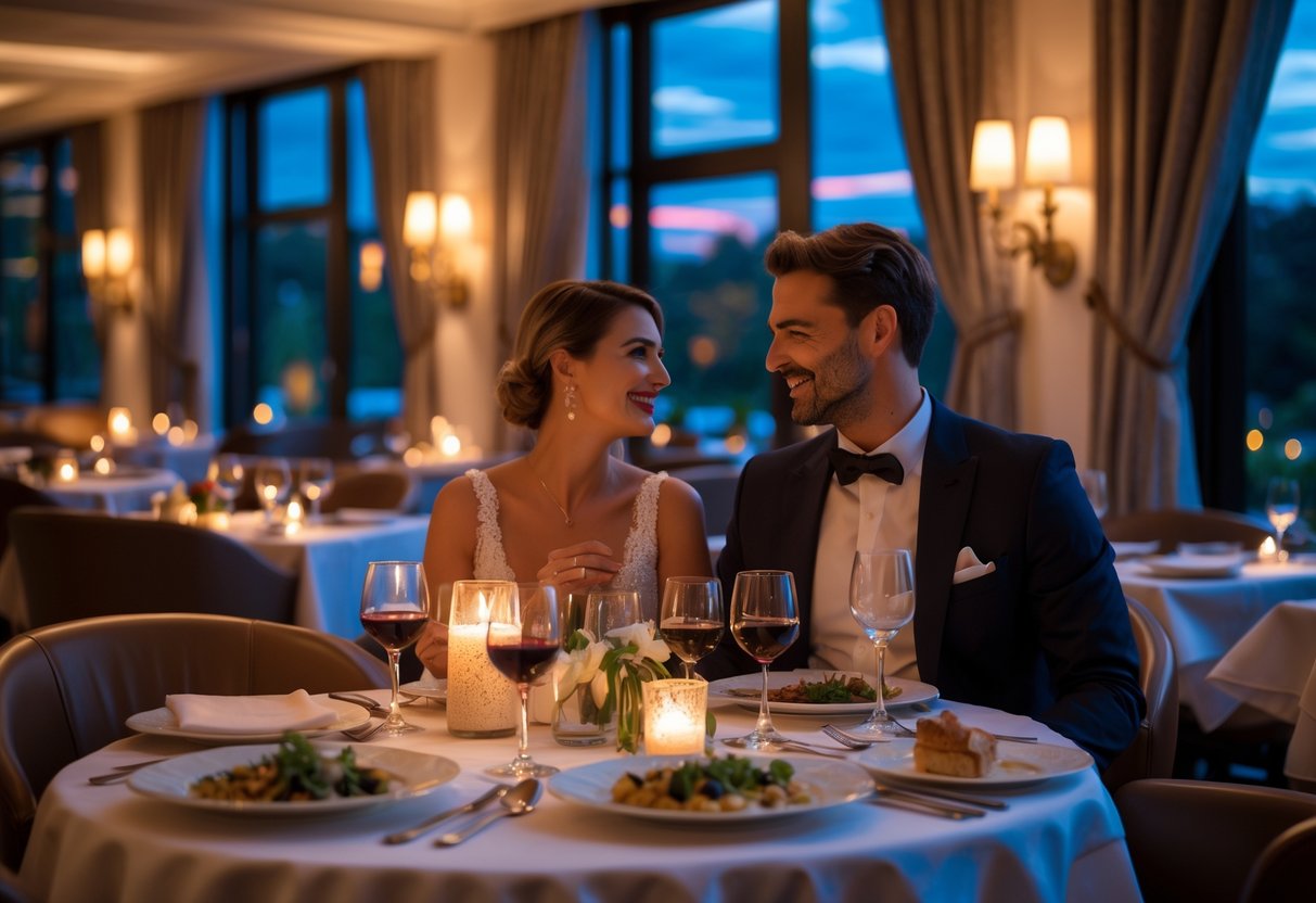A couple enjoying a romantic dinner at a softly lit restaurant table with elegant settings and a warm atmosphere.