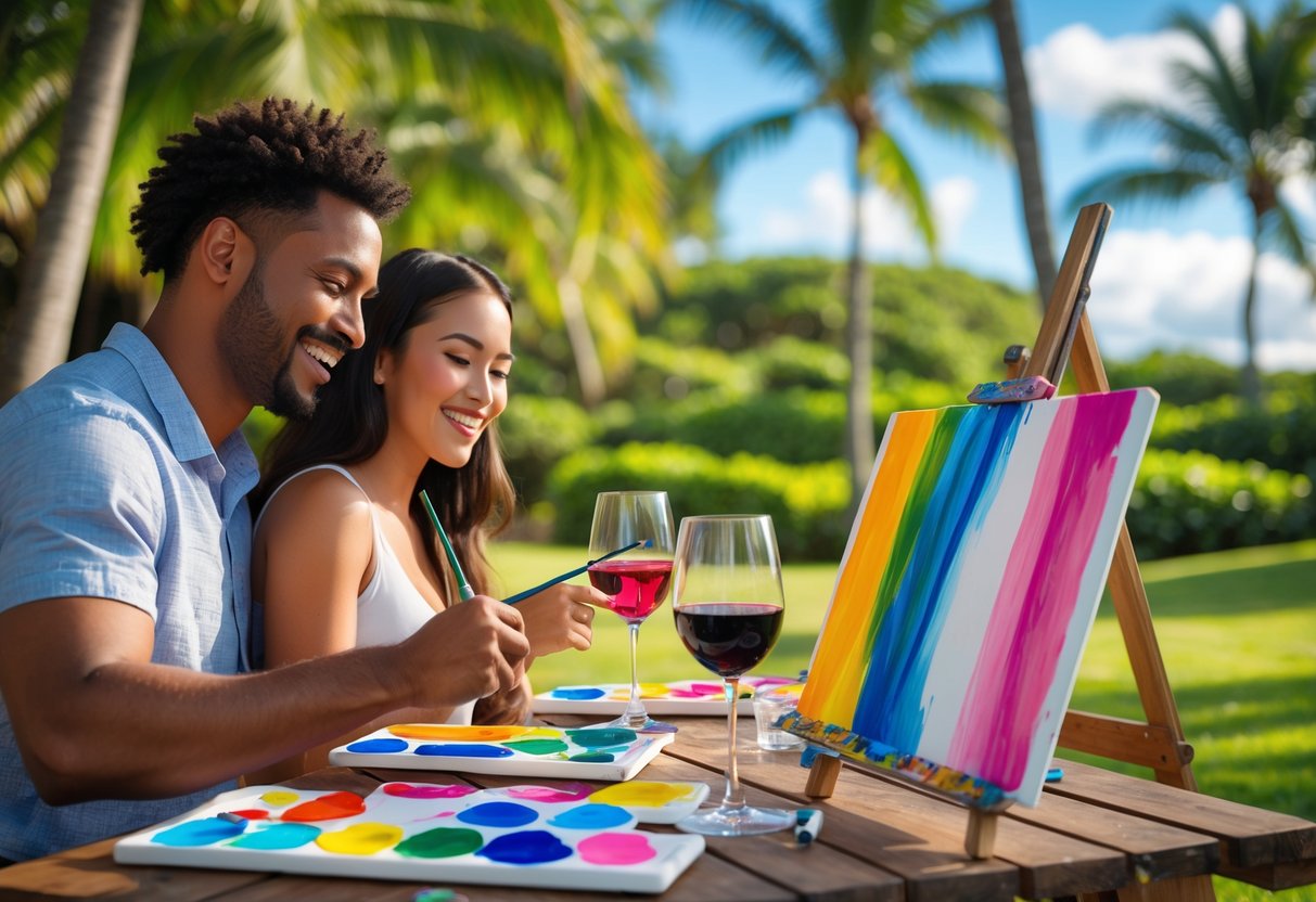A couple painting on canvases and drinking wine outdoors surrounded by tropical plants in Honolulu.