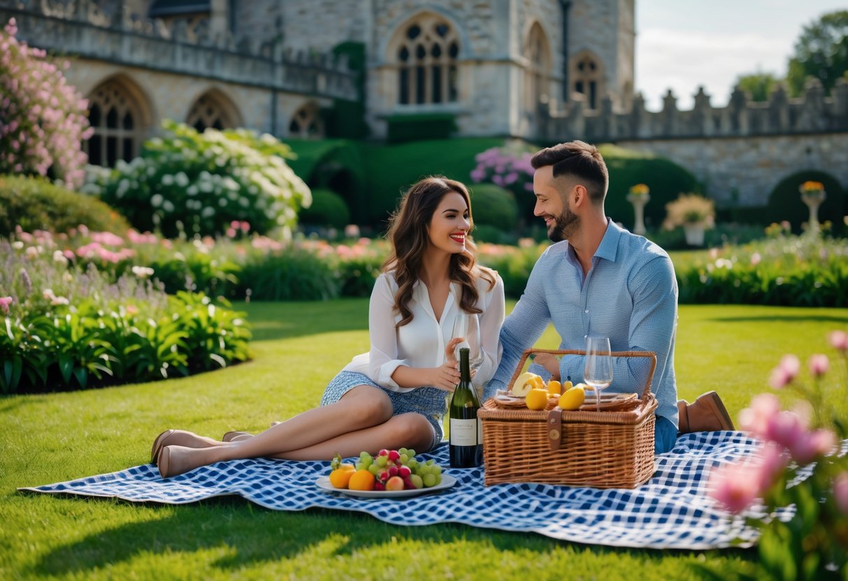 A couple enjoying a picnic on a blanket in a garden with flowers and historic stone buildings in the background.