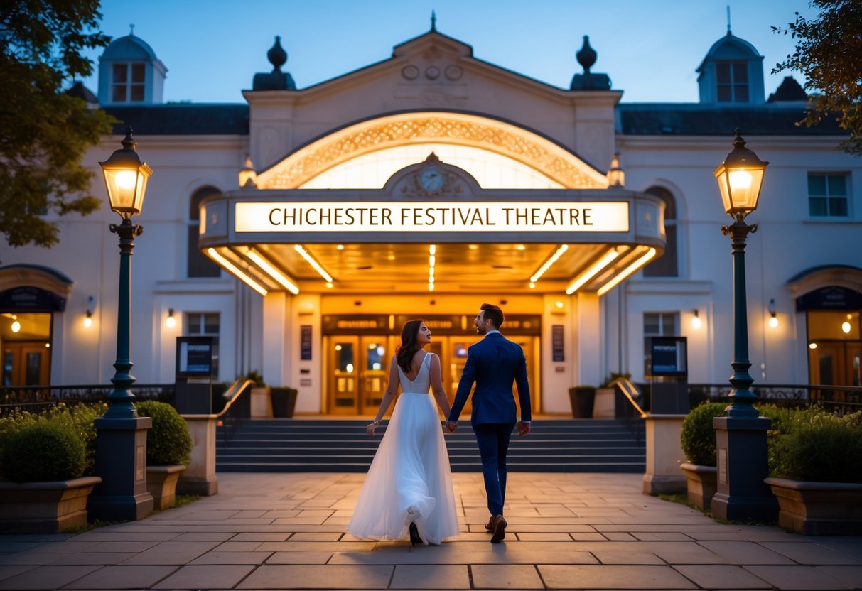 A couple walking hand in hand towards the entrance of Chichester Festival Theatre in the early evening.