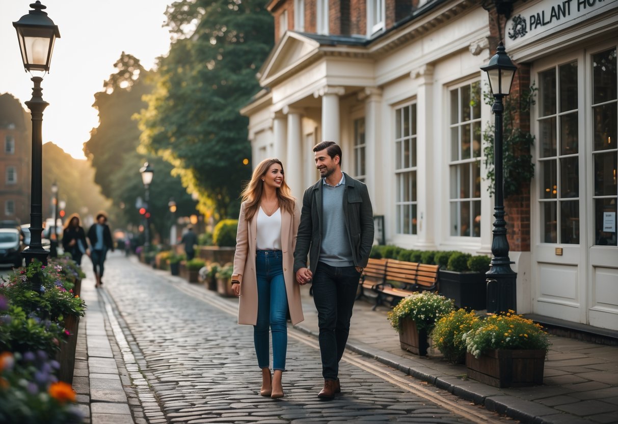 A young couple walking hand in hand near the Pallant House Gallery in Chichester on a sunny day.