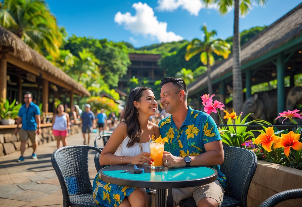 A couple enjoying a date at an outdoor café near tropical greenery and animal enclosures at the Honolulu Zoo.