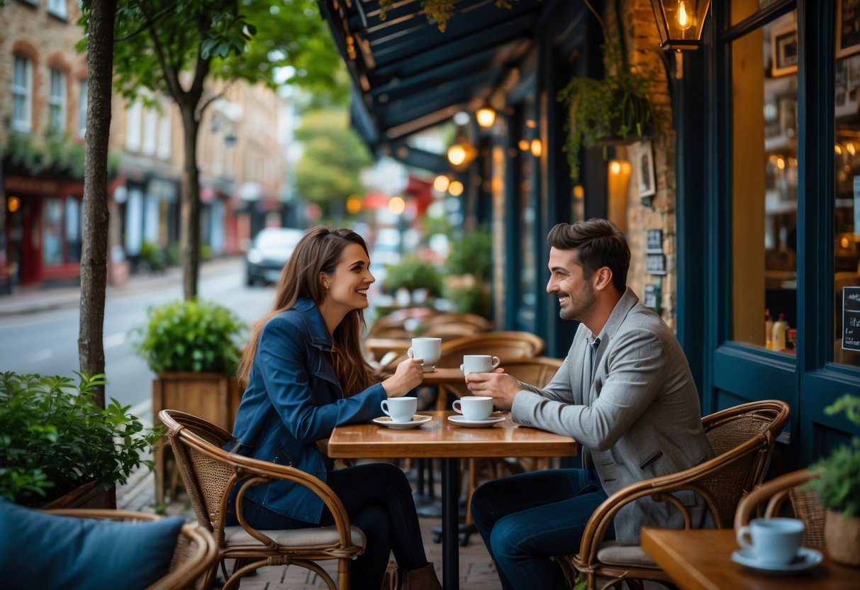 A young couple enjoying coffee together at an outdoor café table surrounded by greenery and historic buildings.