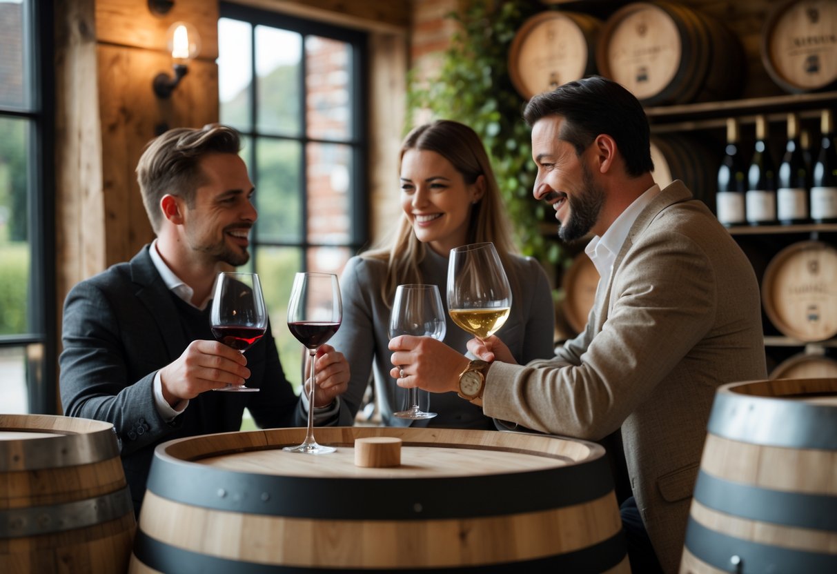 A couple tasting wine with a sommelier in a rustic wine tasting room with wooden barrels and wine bottles.