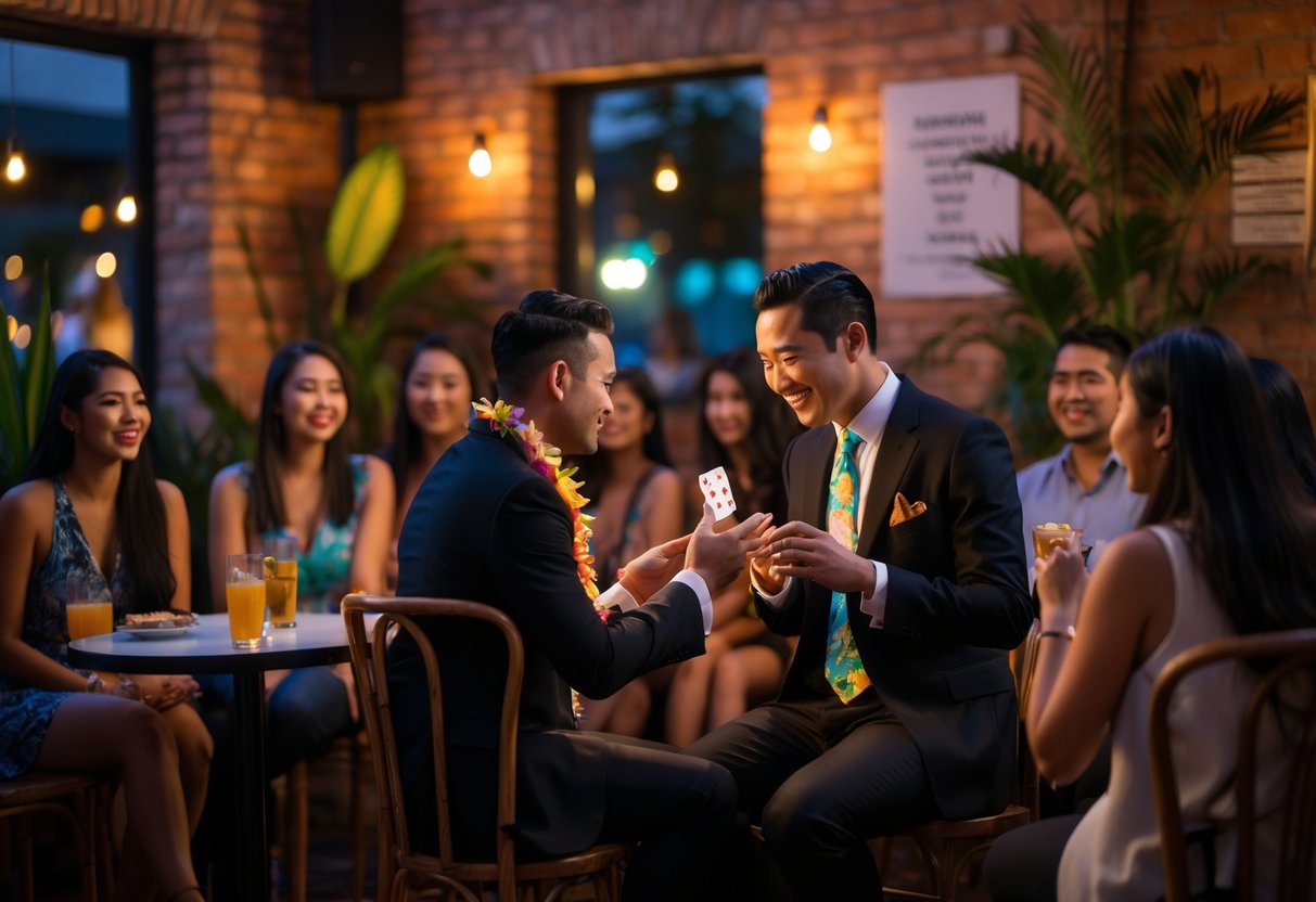 A couple enjoying a magic show at a small, cozy venue with a magician performing on stage and an engaged audience around them.