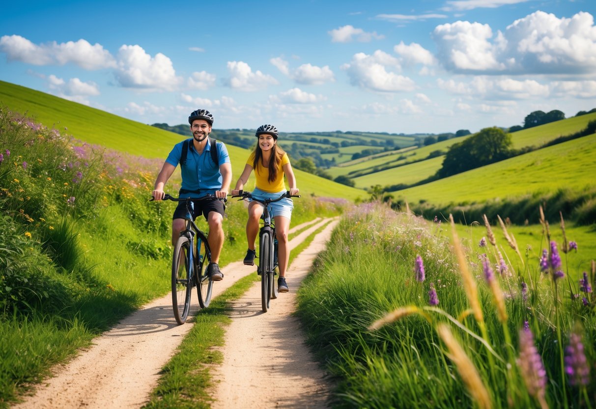 A young couple cycling on a dirt path through green rolling hills with wildflowers under a blue sky.