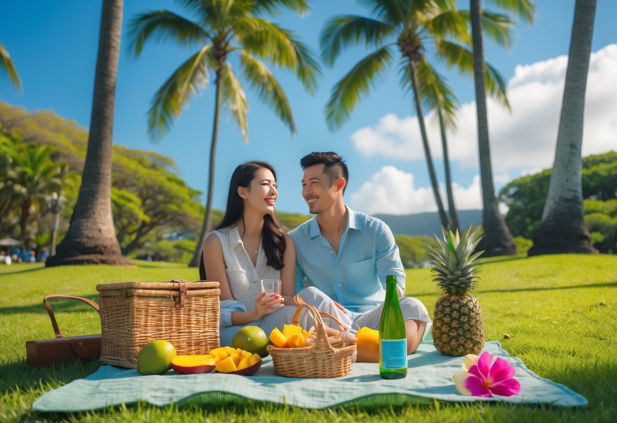 A couple enjoying a picnic on a blanket in a green park with palm trees and Diamond Head crater in the background.