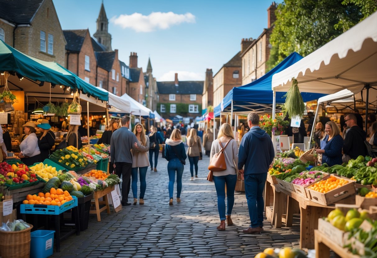 People browsing colorful market stalls with fresh produce and flowers on a cobblestone street in Chichester.