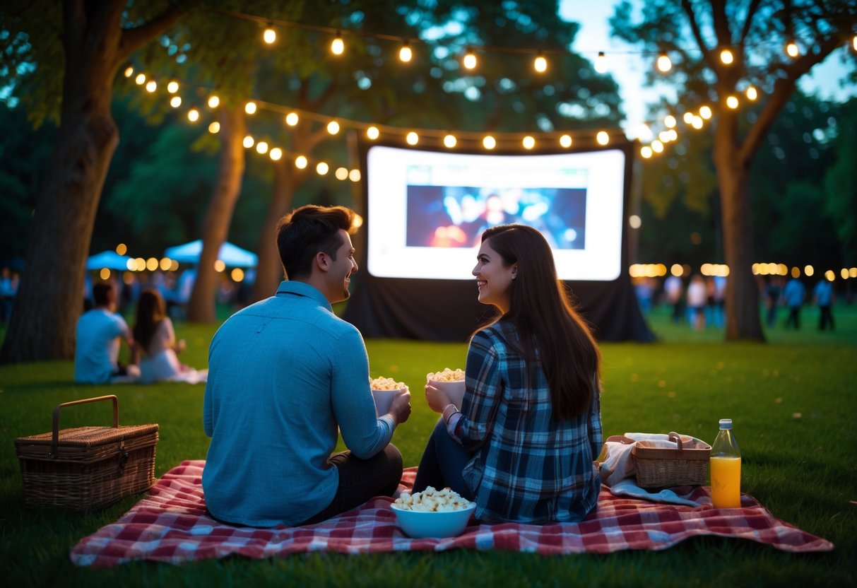 A young couple sitting on a picnic blanket watching an outdoor movie at dusk with string lights overhead.