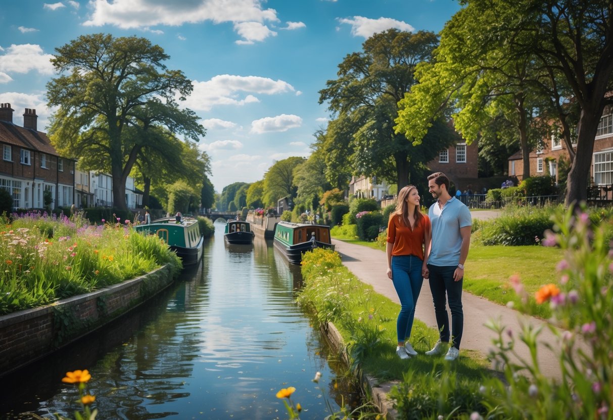 A young couple relaxing by the water at Chichester Canal surrounded by greenery and boats on a sunny day.