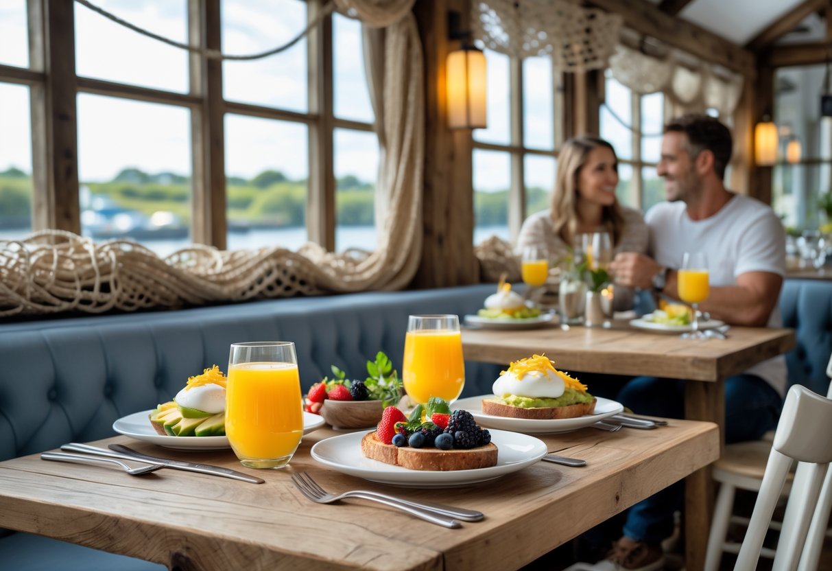 A couple enjoying brunch at a cozy restaurant with wooden tables and nautical decor, featuring plates of avocado toast, eggs benedict, and drinks on the table.
