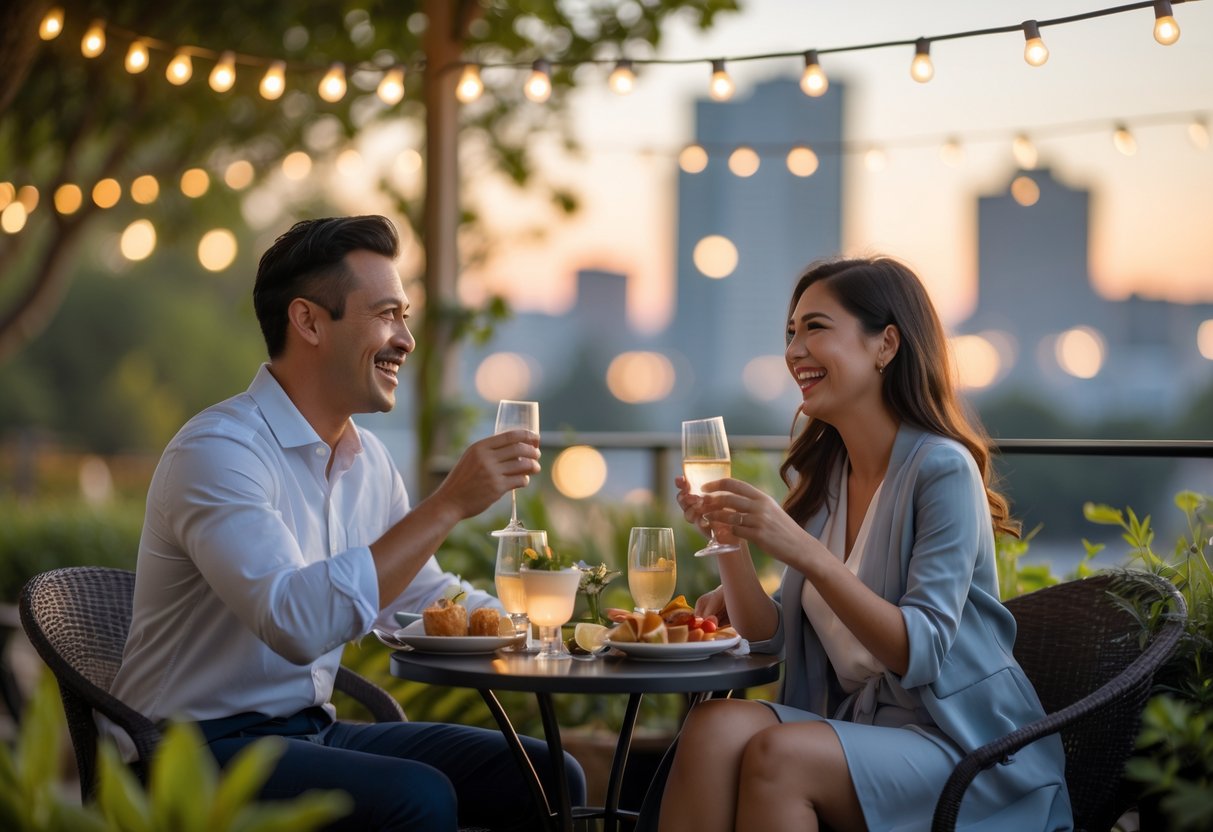 A happy adult couple enjoying a first date outdoors at a small table with drinks and greenery around them.
