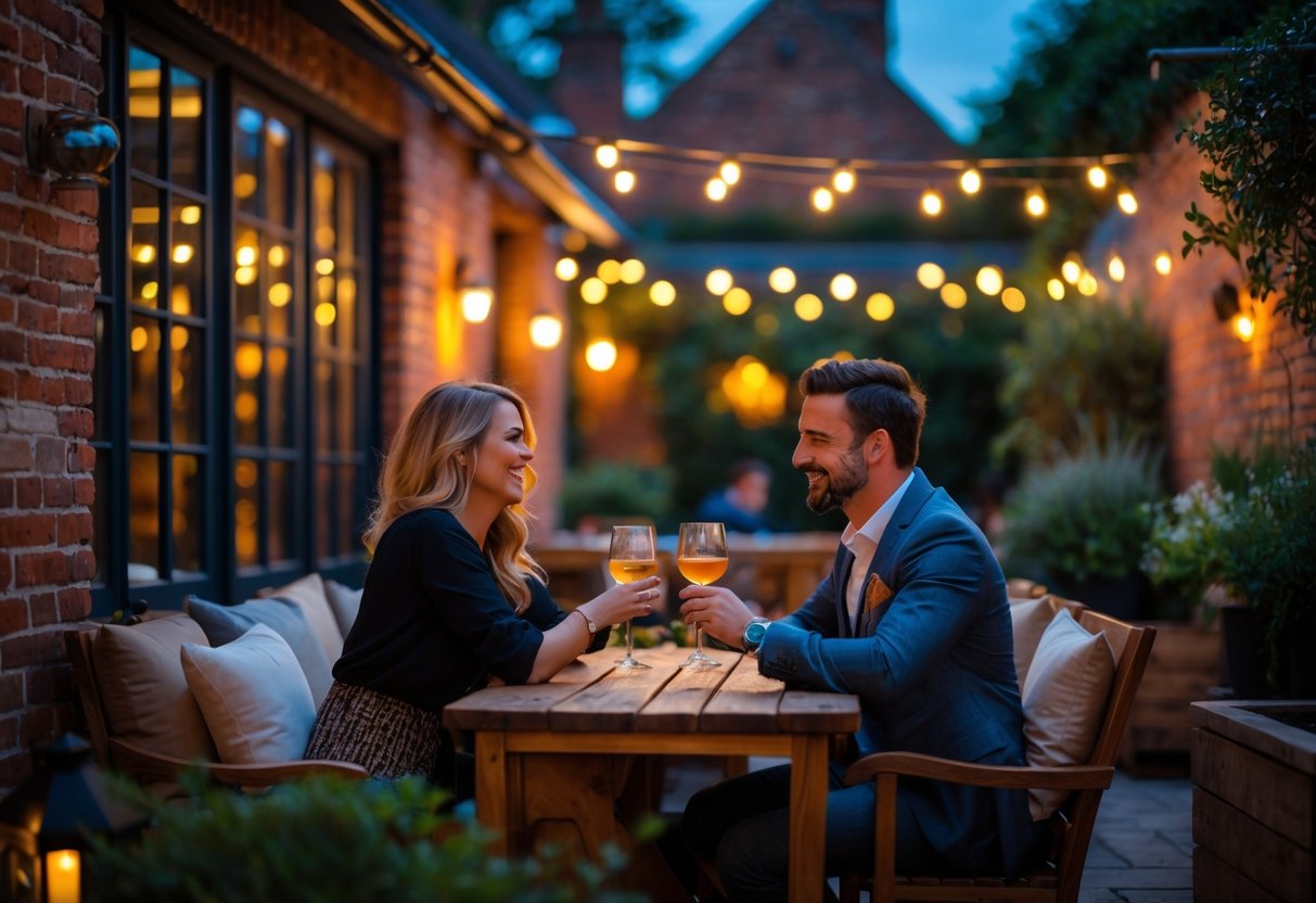 A couple enjoying evening drinks at an outdoor seating area with warm lights and rustic surroundings.