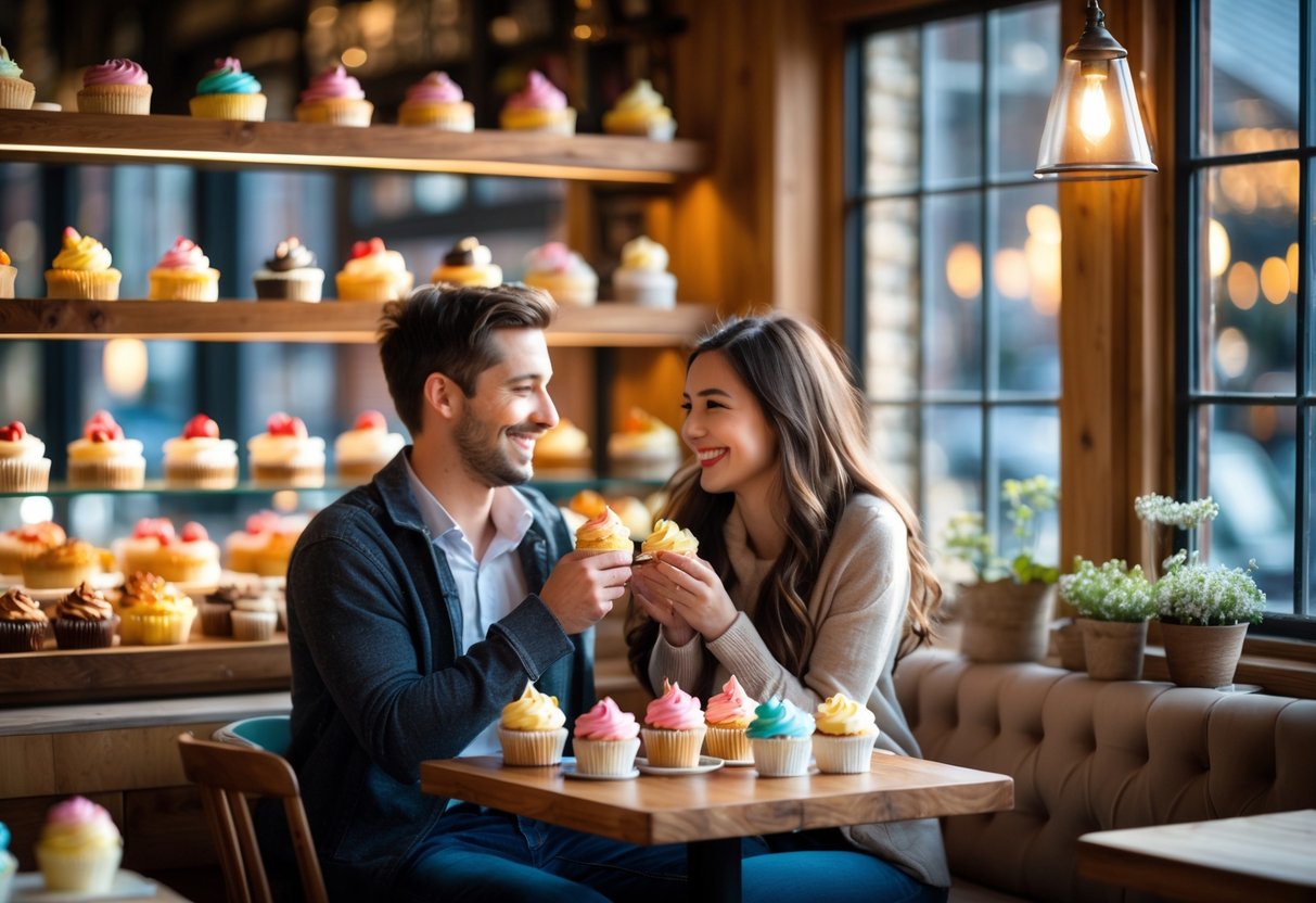 A young couple enjoying cupcakes together at a small table inside a cozy bakery with shelves of colorful sweet treats in the background.