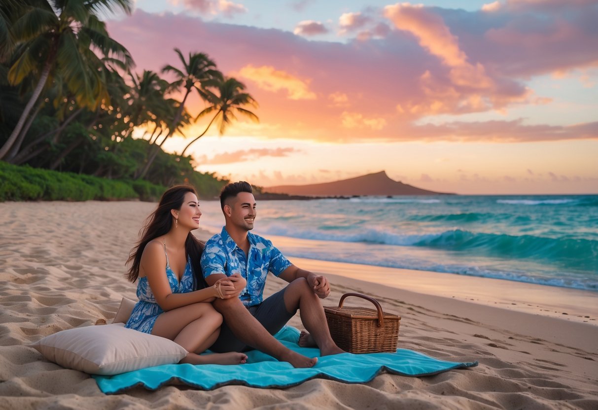 A young couple sitting on a beach at sunset with palm trees, ocean waves, and Diamond Head crater in the background.