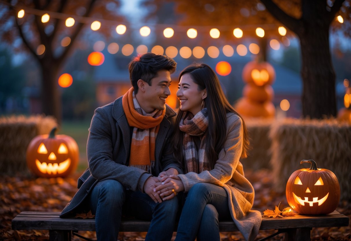 A couple sitting on a wooden bench outdoors at dusk surrounded by glowing pumpkins and autumn leaves, enjoying a cozy Halloween evening.