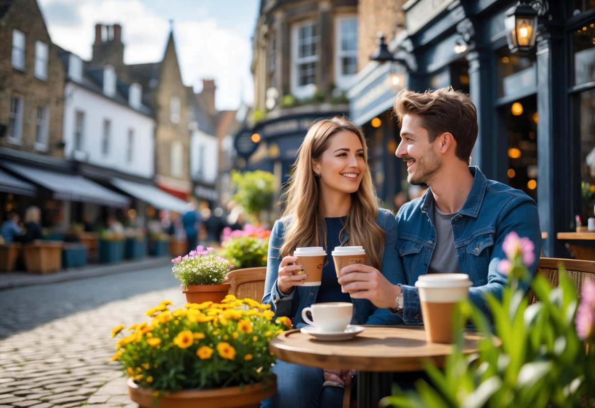 A young couple enjoying coffee together at an outdoor café near historic buildings in Chichester on a sunny day.