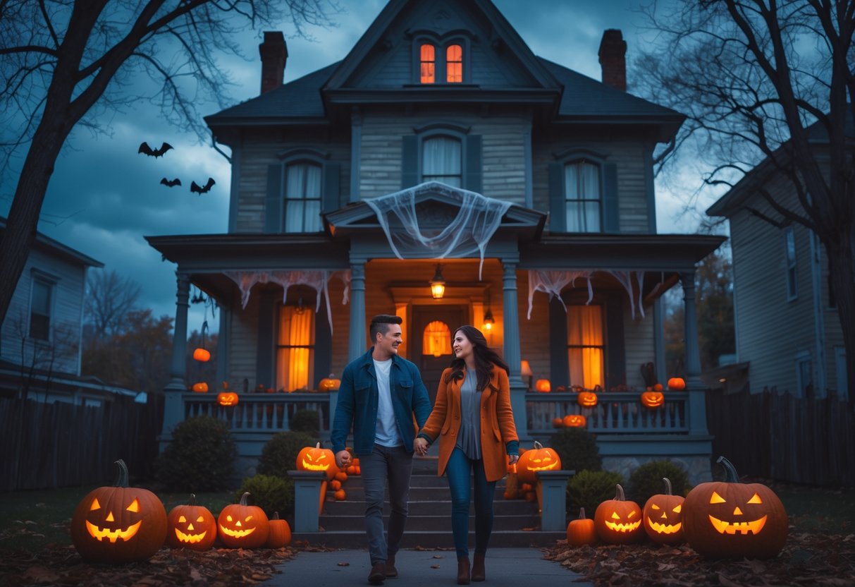 A young couple holding hands walking toward the entrance of a spooky Victorian-style house decorated for Halloween at dusk.