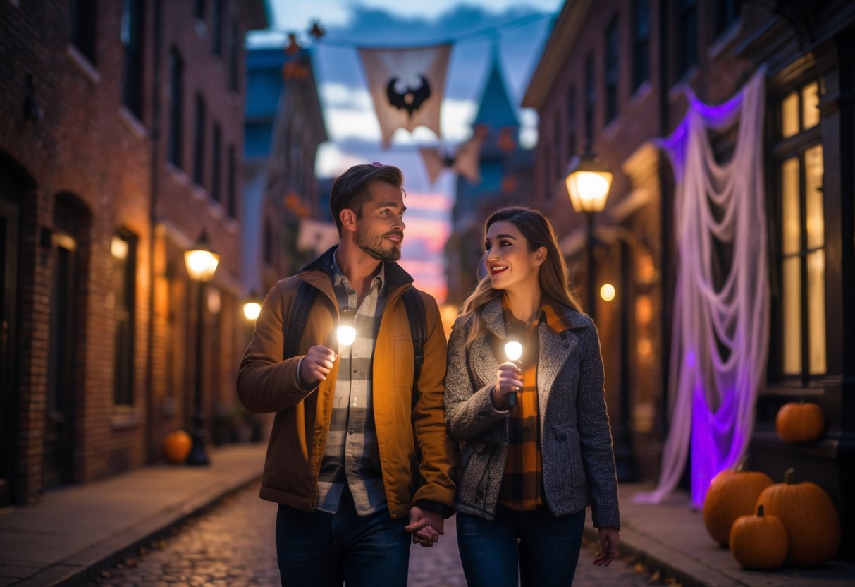 A couple walking along a dimly lit historic street at twilight, holding flashlights and exploring during a Halloween ghost tour.