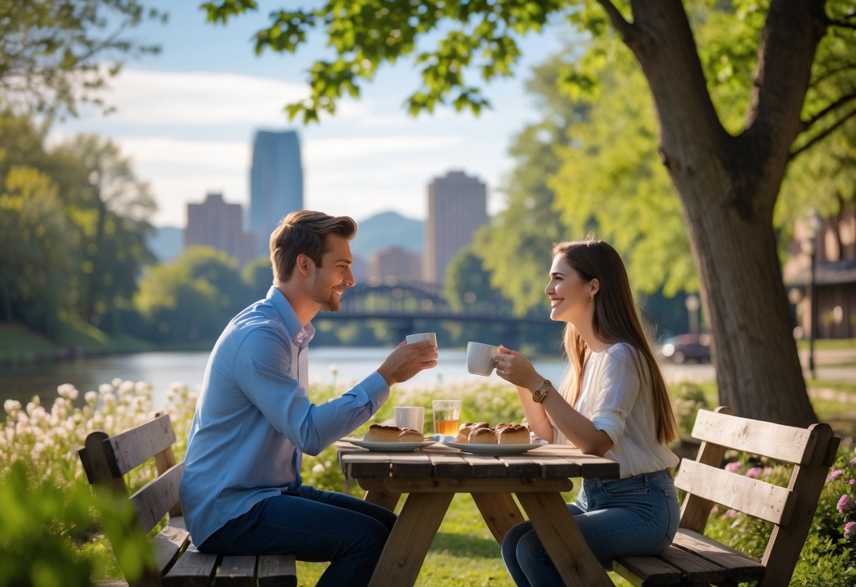 A young couple sitting at a wooden picnic table in a park surrounded by trees and flowers, enjoying a meal together with a city skyline in the background.