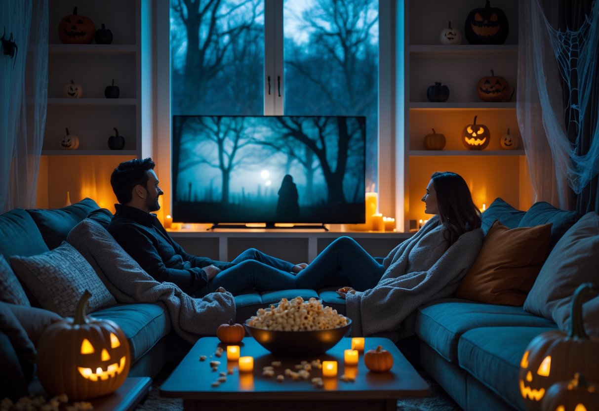 A couple sitting on a sofa in a living room decorated with pumpkins and candles, watching a Halloween movie on TV.