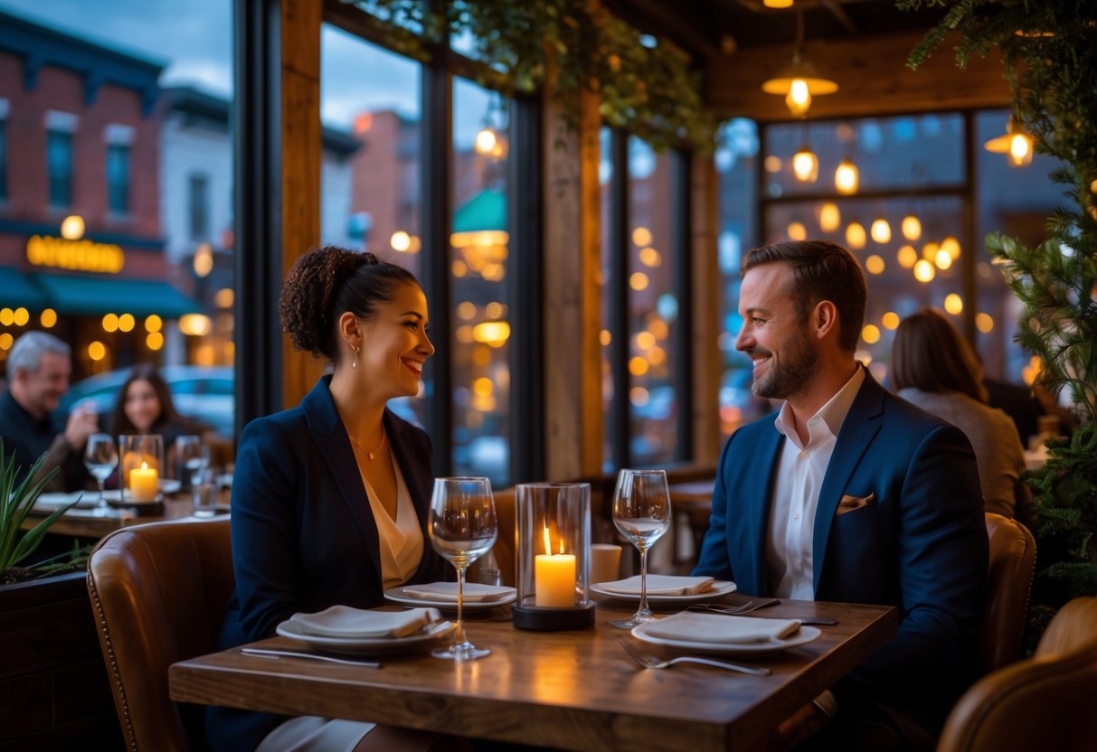 A couple enjoying a romantic dinner together at a cozy restaurant table with warm lighting.