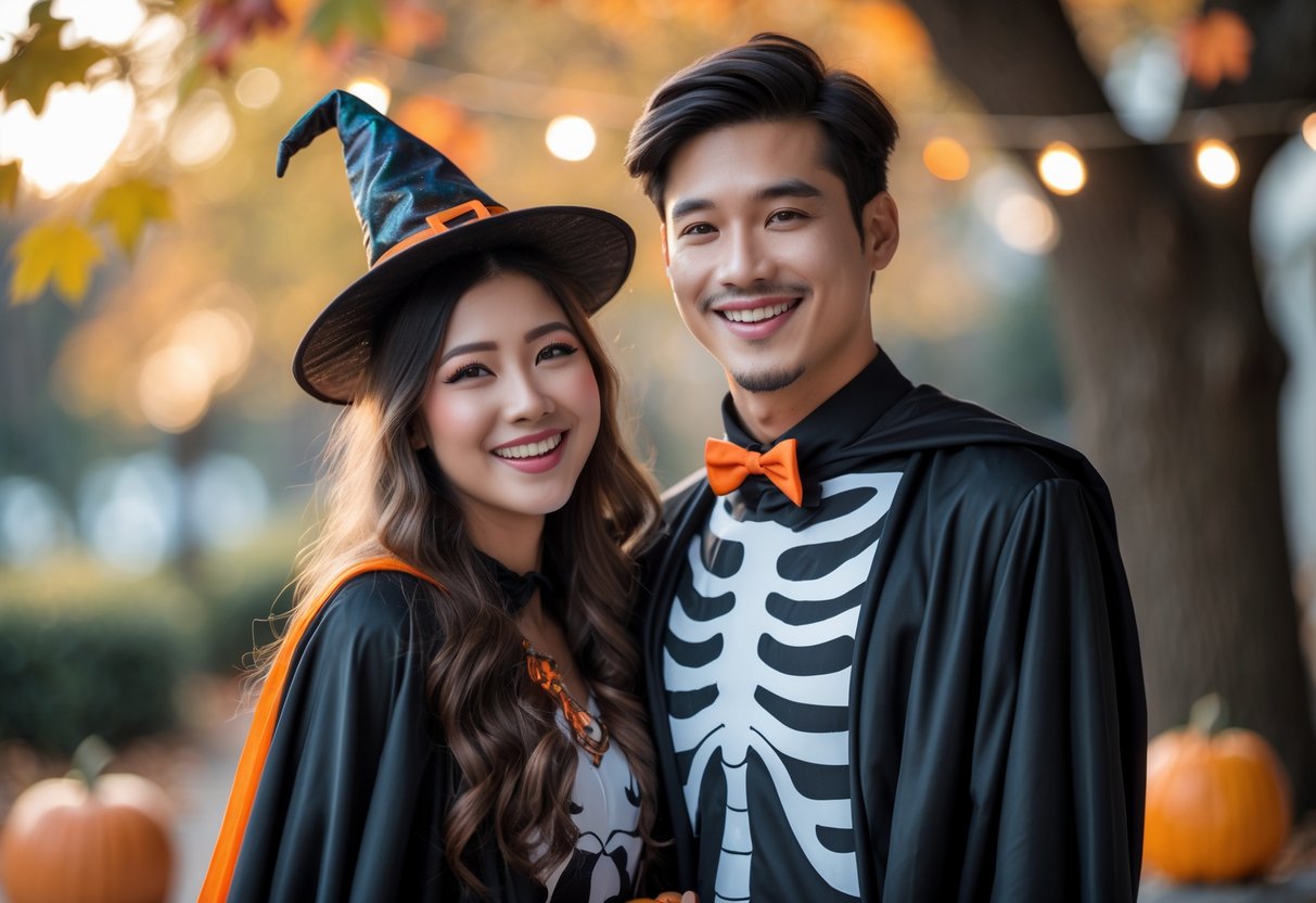 A young couple dressed in coordinated Halloween costumes standing outdoors surrounded by fall leaves and pumpkins, smiling and enjoying a festive moment together.