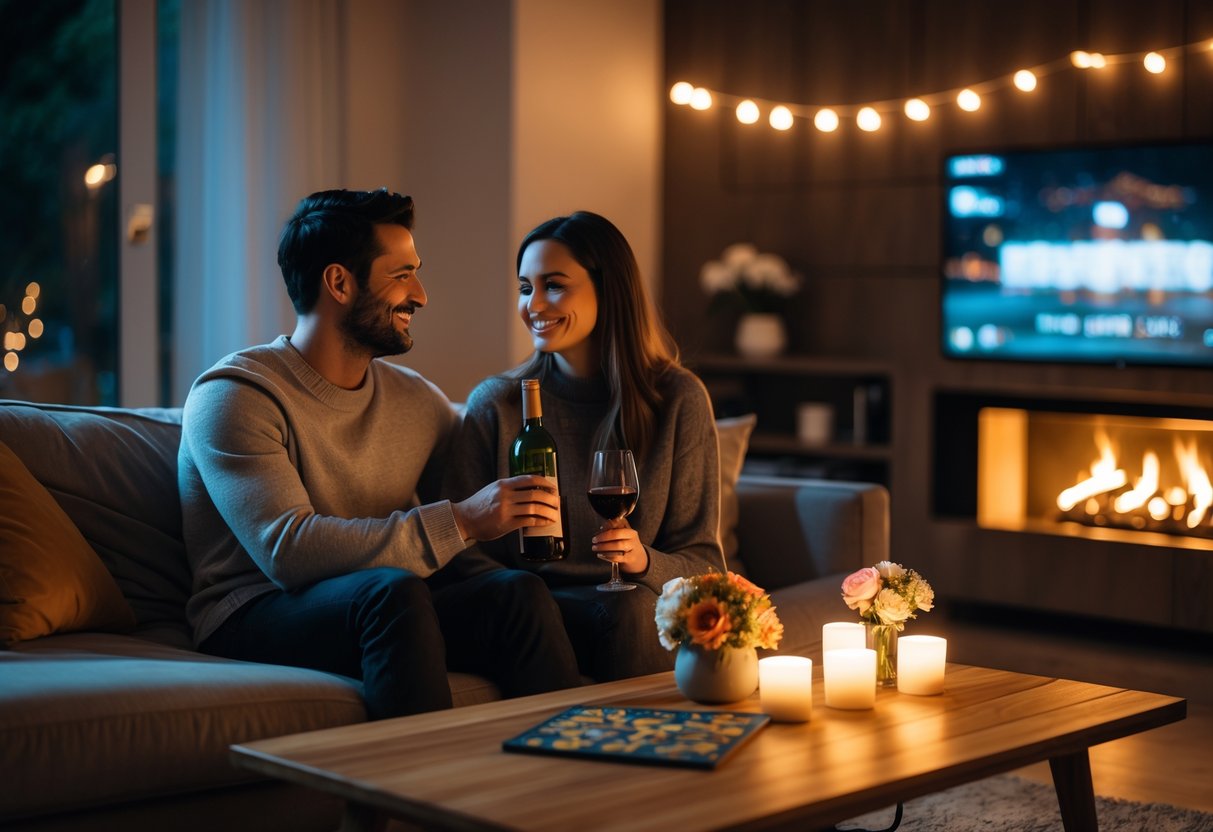 A couple enjoying a cozy date night at home, sitting on a sofa with wine, candles, and a warm fireplace in the background.