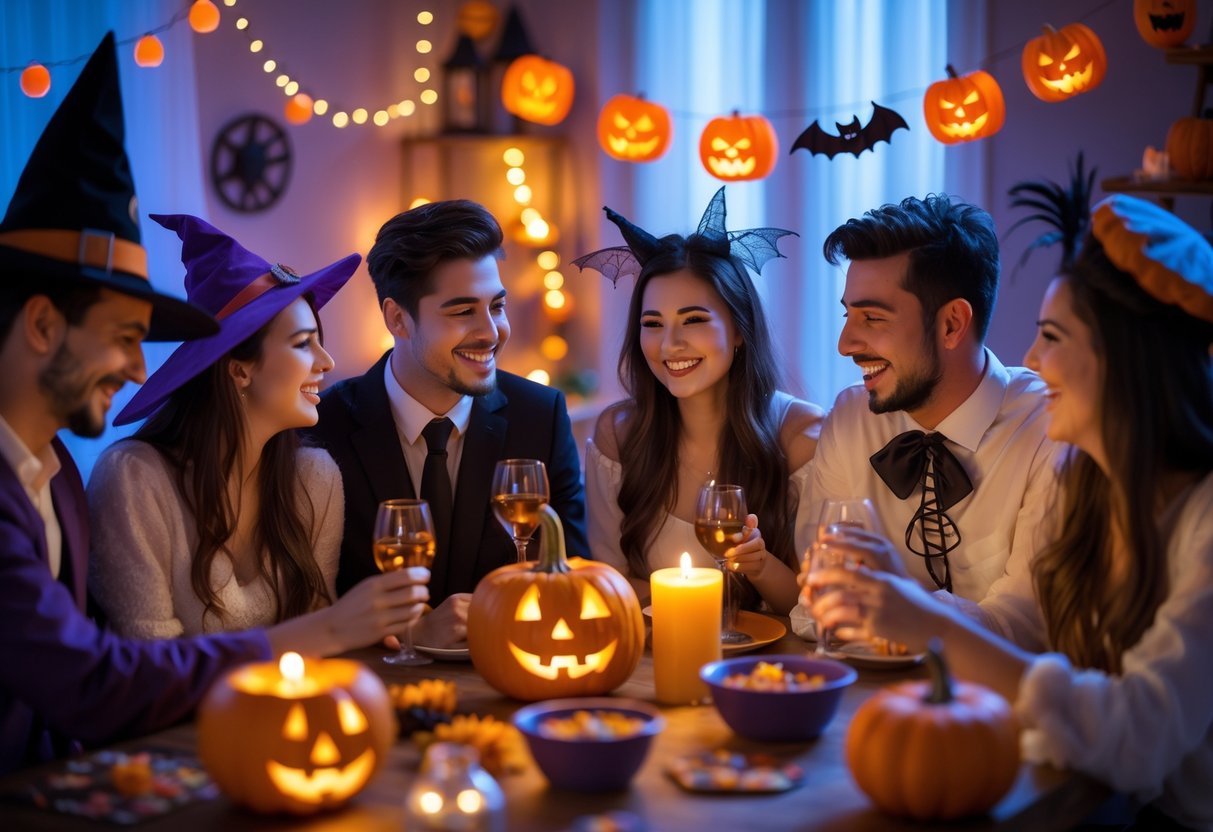 Couples dressed in Halloween costumes enjoying a lively indoor costume party with festive decorations and warm lighting.
