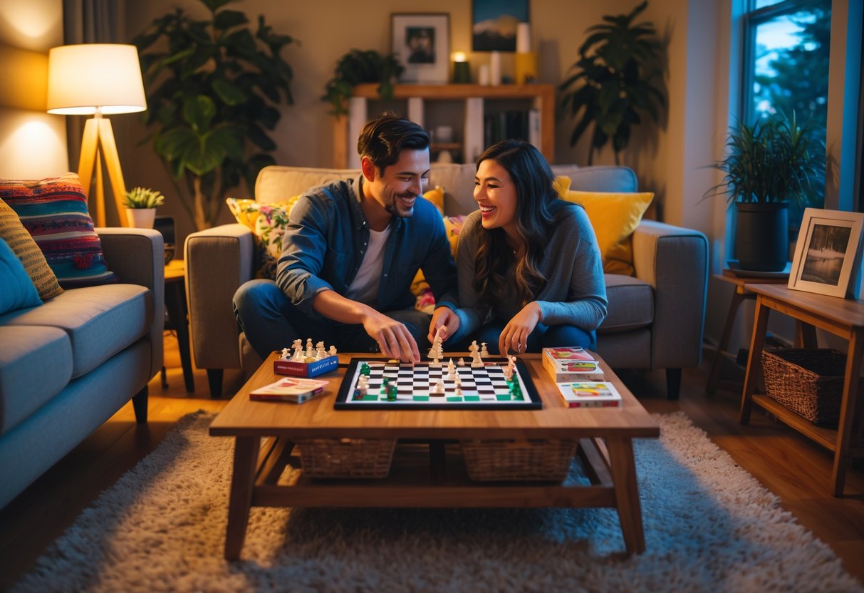 A couple playing board games together at home, sitting on a sofa with a coffee table full of games and snacks.