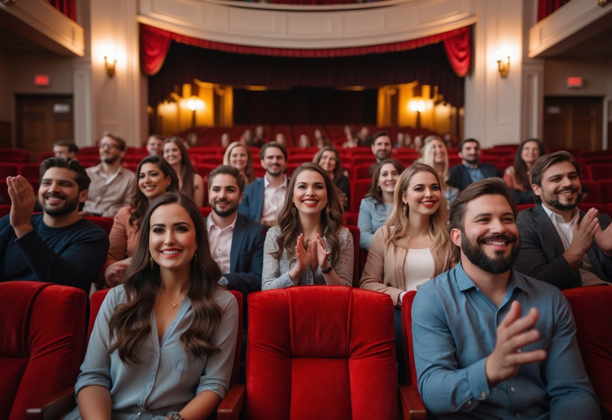 People sitting in a theater watching a live performance, smiling and clapping.